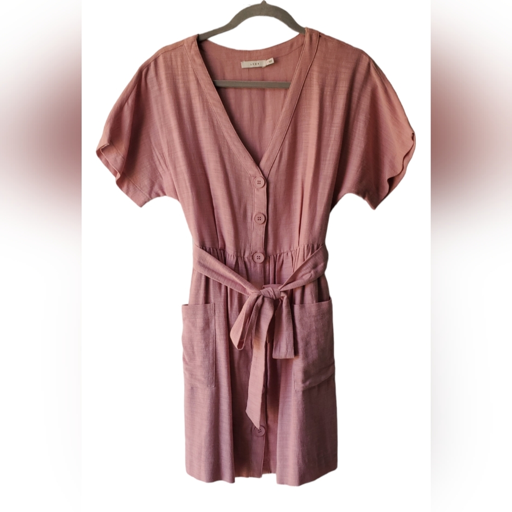 LUSH Dusty Pink Button Down Ribbon Belt Short Dress